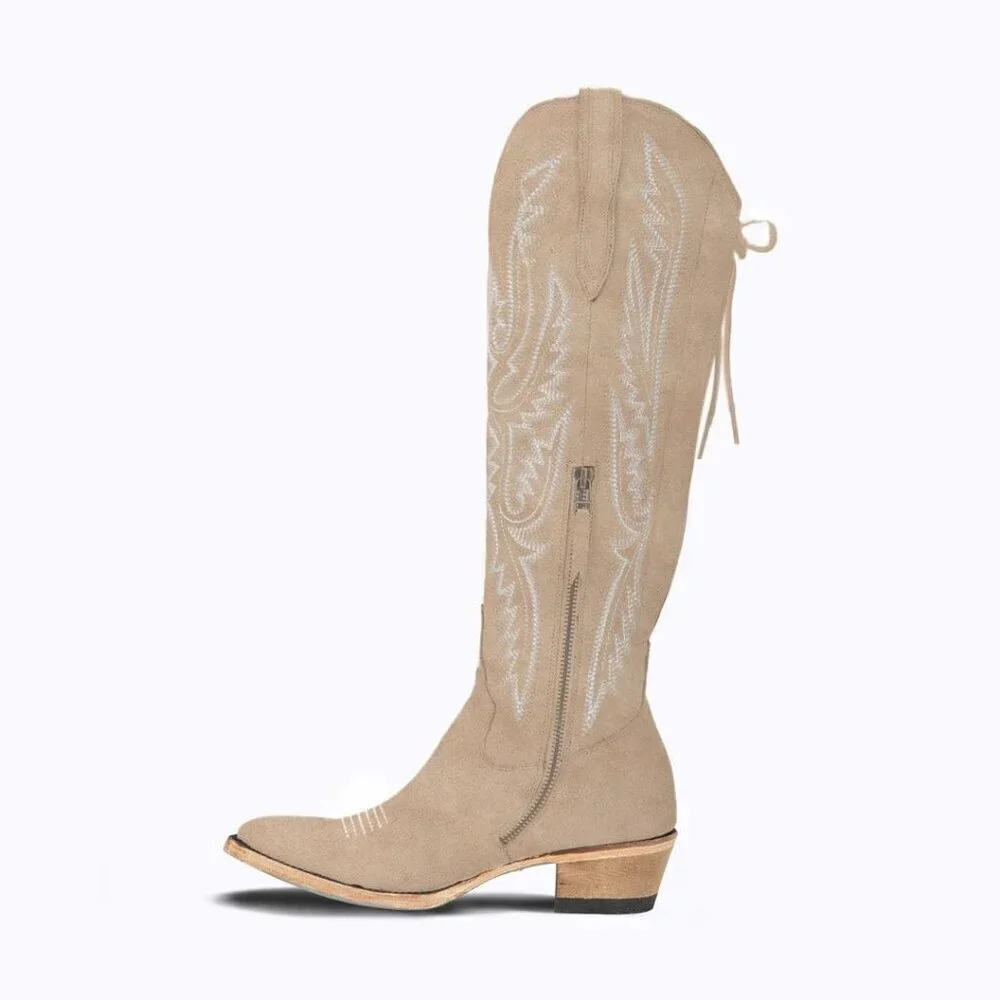 Women Tan Polyurethane Over the Knee Adjustable Thigh High Cowgirl Western Boot